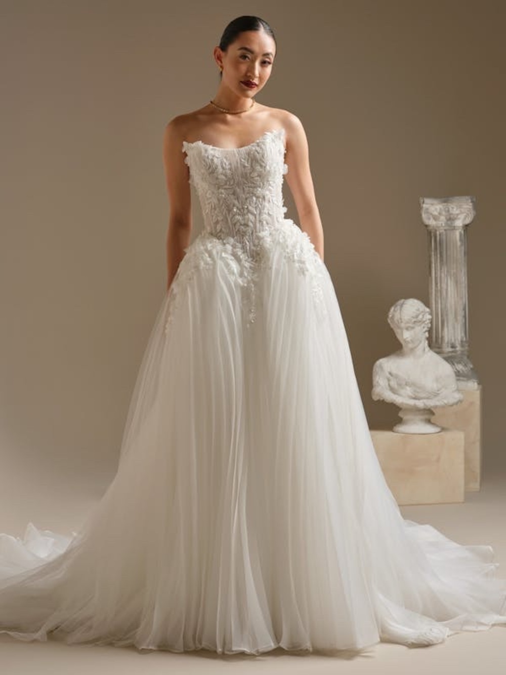 Maggie Sottero White Strapless Appliqué Ballgown Wedding Dress